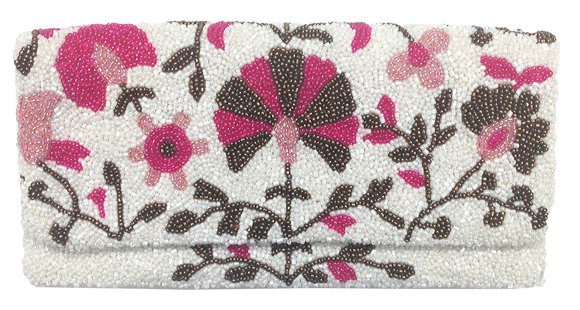 Beaded Floral Print Fold Over Clutch