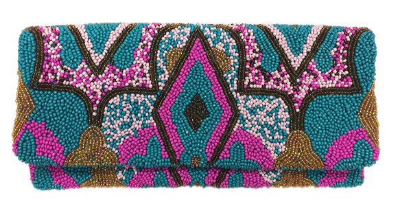 Beaded Print Fold Over Clutch