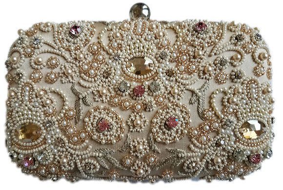 Box Clutch Pearls & Crystal Flowers